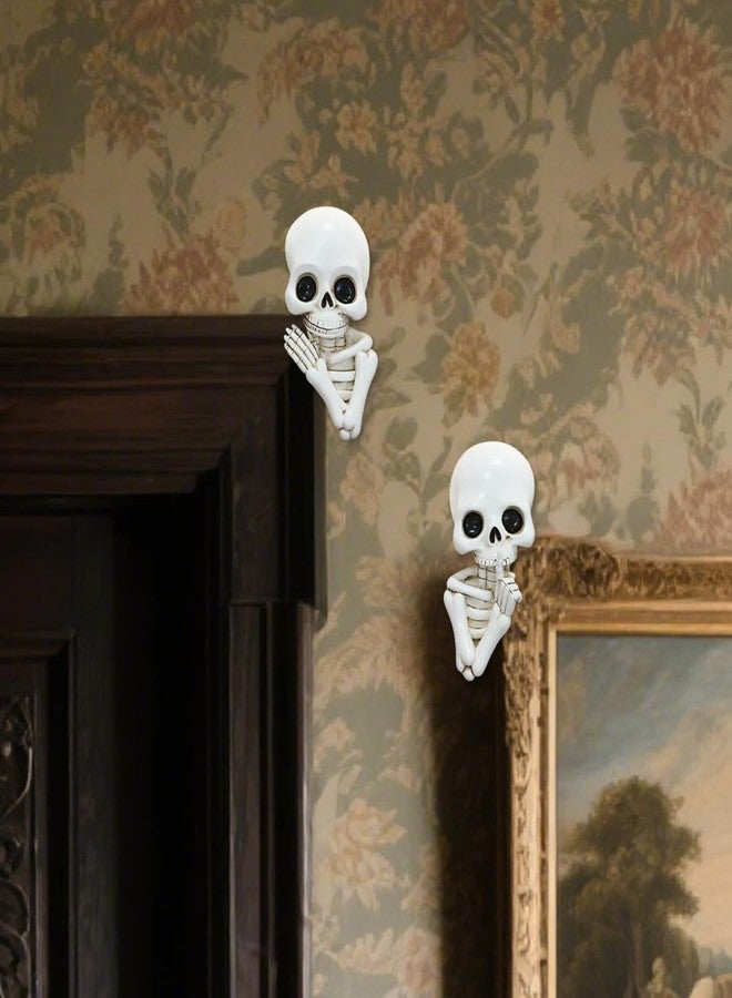 JARPSIRY Set of 2 Funny Keep Quiet Skeleton Statue Window Peeker Door Corner Decor, Horror Resin Skull Figurines Gothic Wall Sculpture Spooky Home Halloween Decorations - Image 4